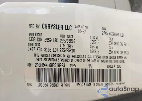 2008 Chrysler Town & Country Lx from USA, damaged, VIN 2A8HR44H88R618273